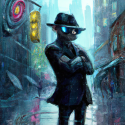 DALL·E 2023-08-08 09.45.45 - cyberpunk oil painting of cyber detective mouse wearing a fedora and a suit with sunglasses with his arms crossed and a smirk on his face with a cyber